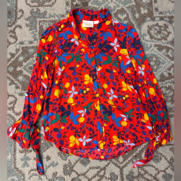 Anthropologie Maeve Button Up Blithe Blouse Fruit Lemons Red Top Size 8 - Picture 4 of 10